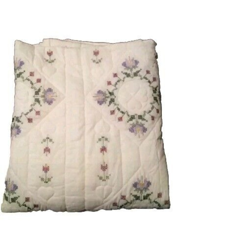 Handmade Quilted Throw Blanket Floral Embroidered Accent Decor Soft